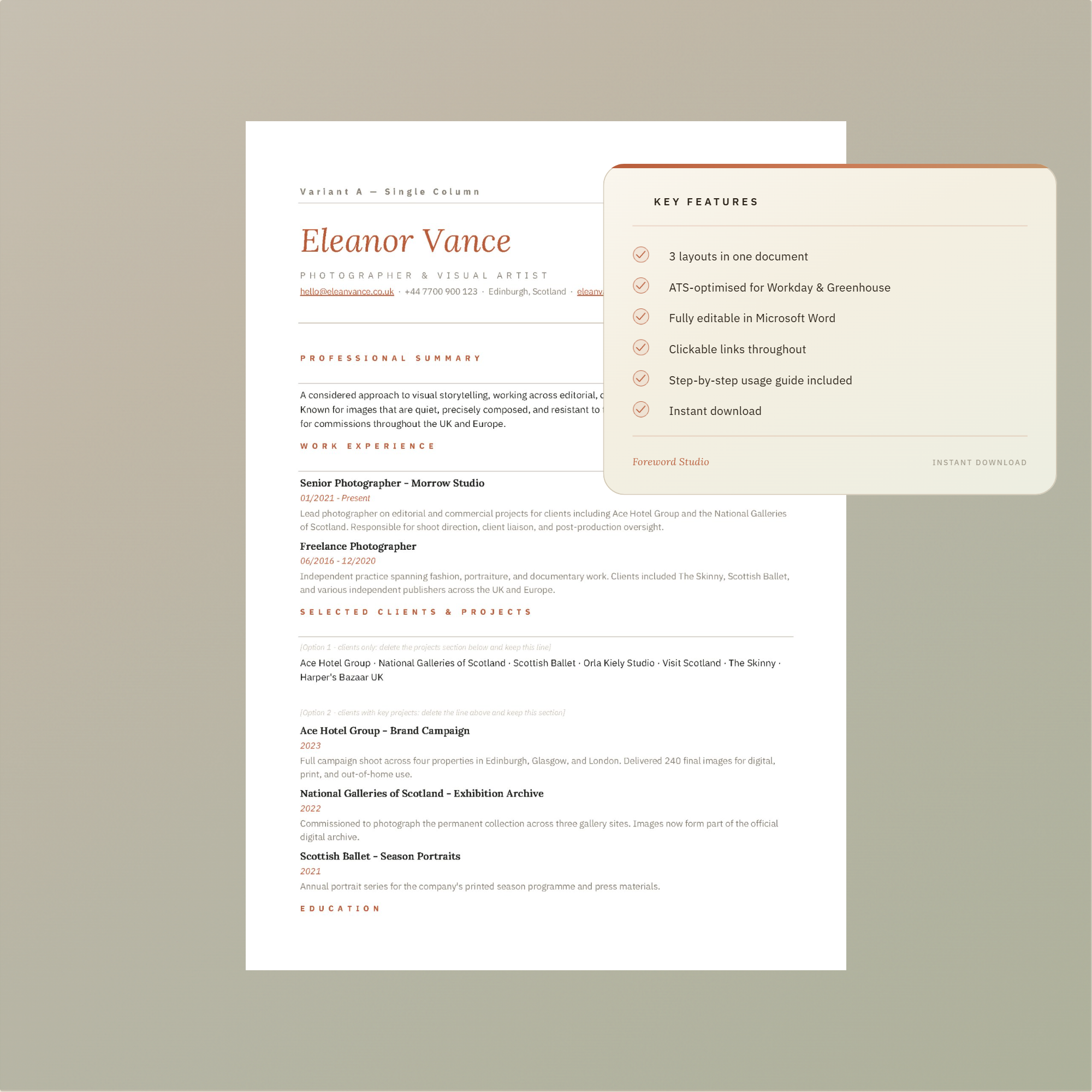 Foreword Folio No. 1 ATS-friendly CV template for Microsoft Word, showing a single-column layout with terracotta accents alongside a key features card